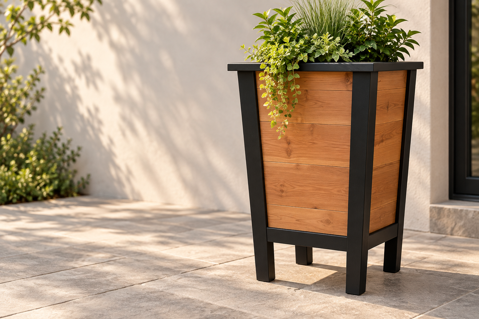 Staged concept of an Object and Grove tall cedar planter with black trim and legs on a modern patio